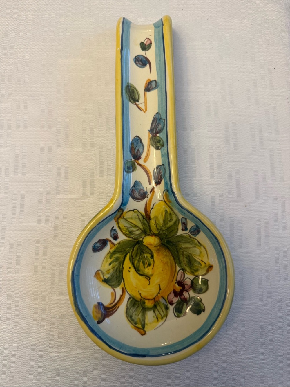Hand-Painted Lemon Ceramic Spoon Rest in Yellow and Blue